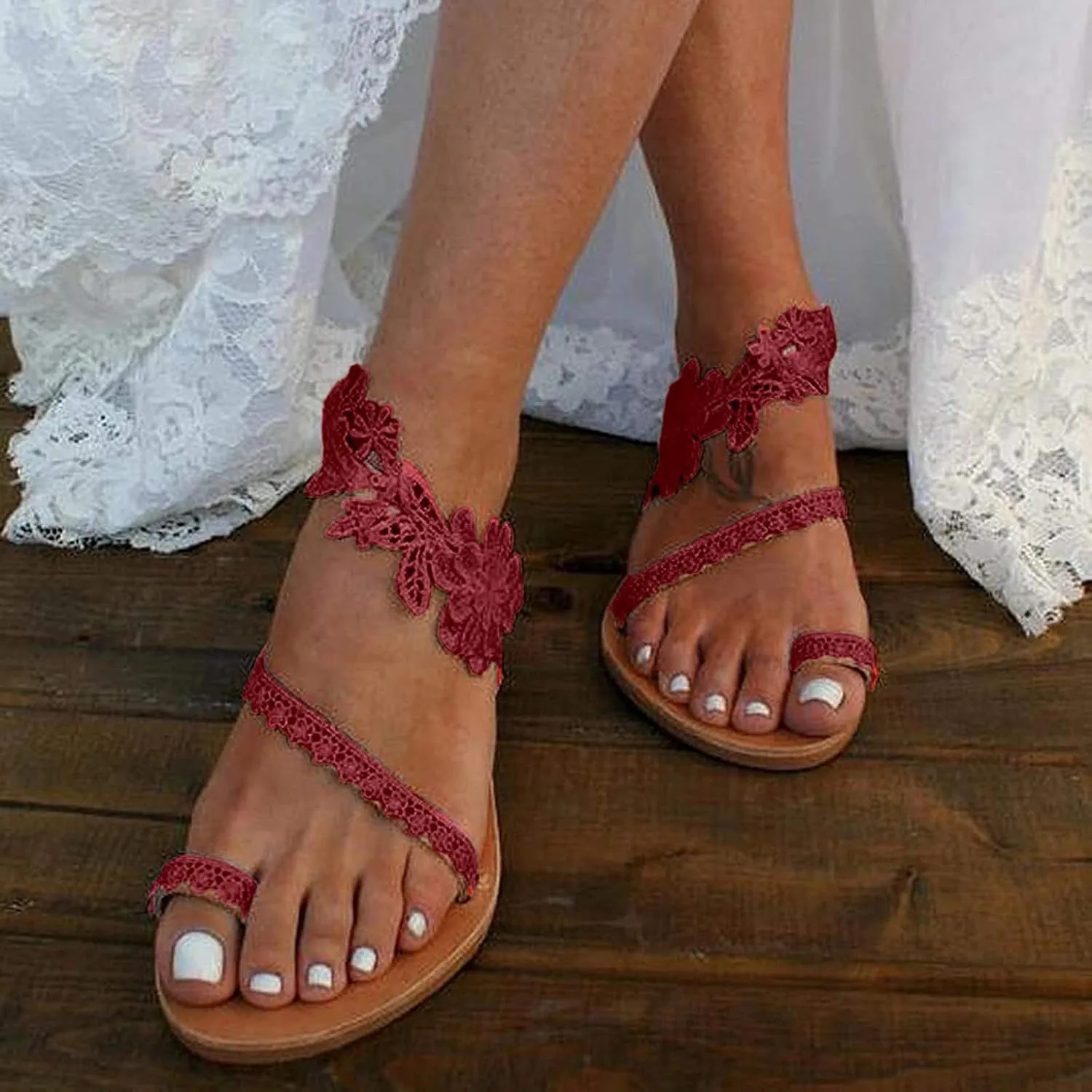 oiangi Flower Lace Sandals for Women Flats Summer Casual Toe Ring Open Toe Slip-on Slides Sandals Lightweight Comfortable Ladies Outdoor Beach Shoes