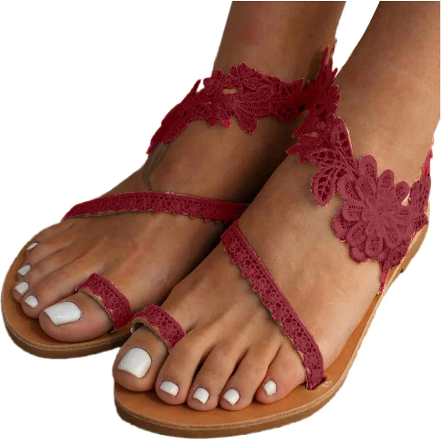 oiangi Flower Lace Sandals for Women Flats Summer Casual Toe Ring Open Toe Slip-on Slides Sandals Lightweight Comfortable Ladies Outdoor Beach Shoes