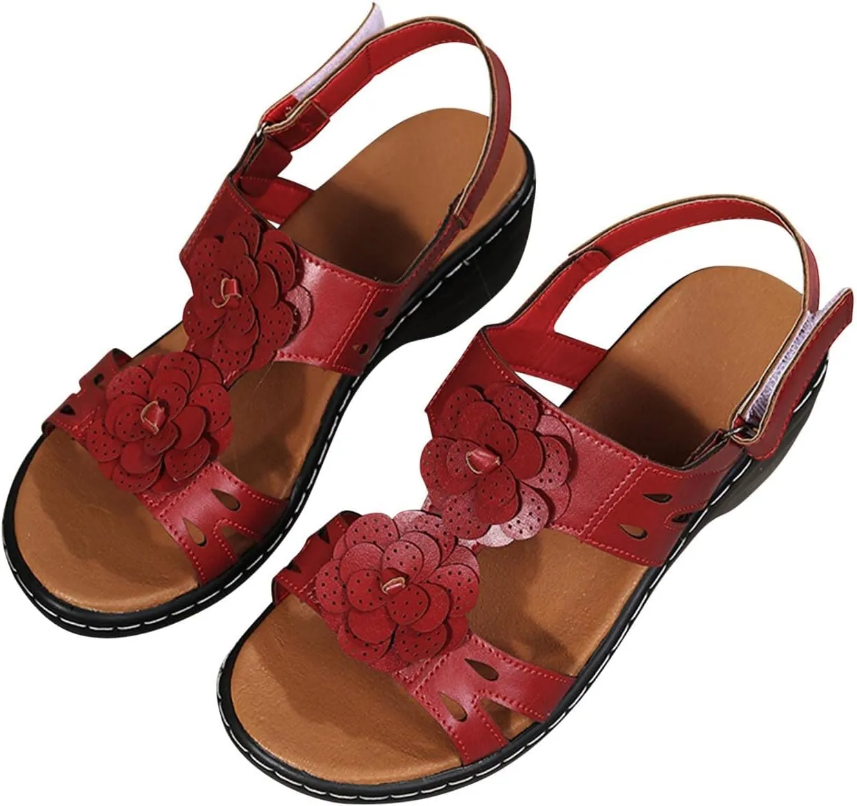 oiangi Summer Wedges for Women Casual Round Toe Fish Mouth Open Toe Flower Hollow Hook and Loop Platform Sandals Lightweight Comfy Outdoor Ladies Shoes