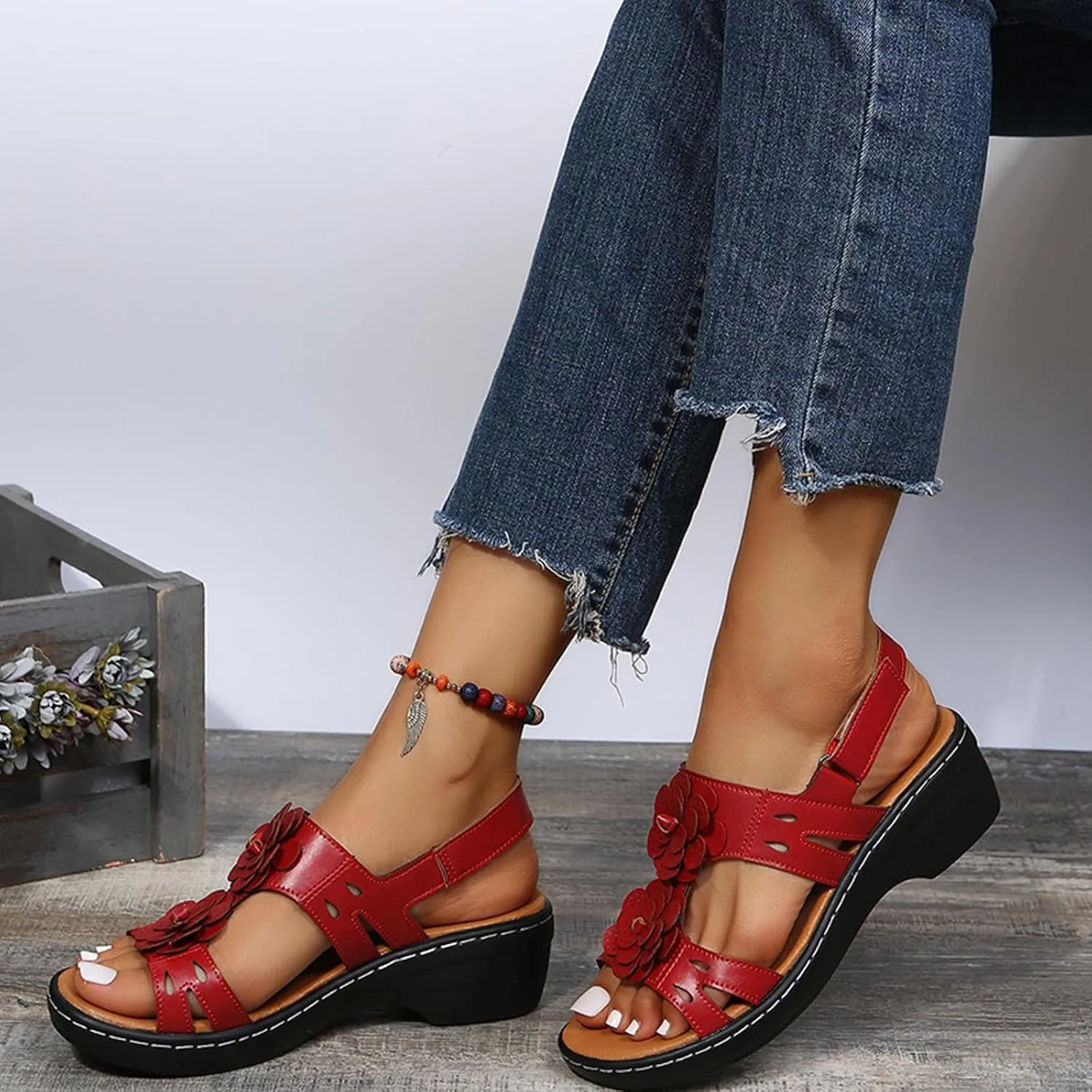 oiangi Summer Wedges for Women Casual Round Toe Fish Mouth Open Toe Flower Hollow Hook and Loop Platform Sandals Lightweight Comfy Outdoor Ladies Shoes
