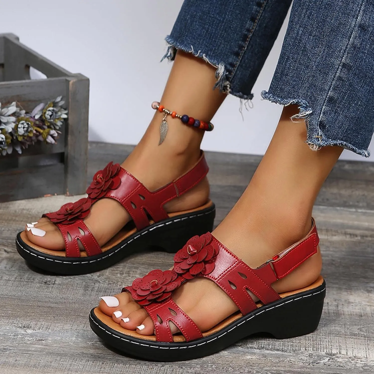 oiangi Summer Wedges for Women Casual Round Toe Fish Mouth Open Toe Flower Hollow Hook and Loop Platform Sandals Lightweight Comfy Outdoor Ladies Shoes