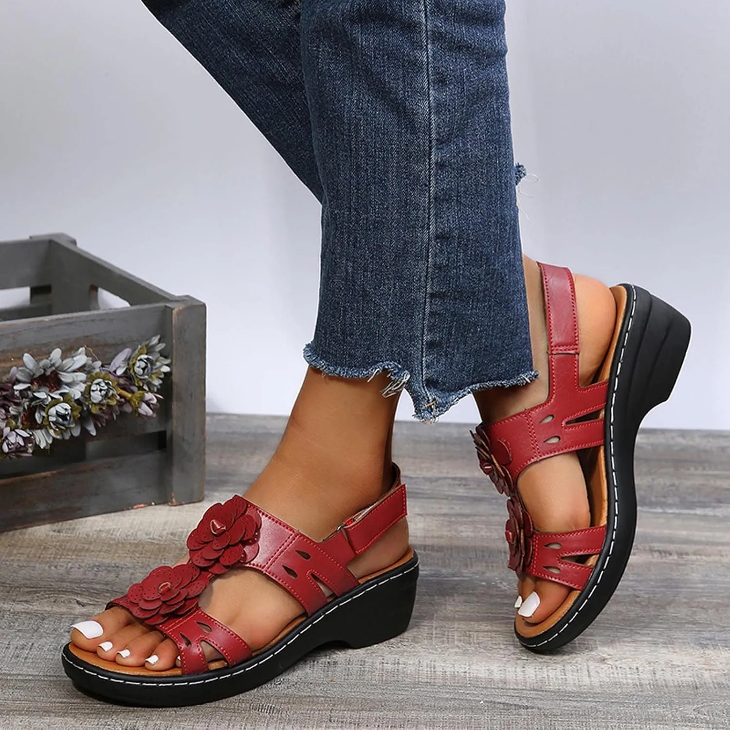oiangi Summer Wedges for Women Casual Round Toe Fish Mouth Open Toe Flower Hollow Hook and Loop Platform Sandals Lightweight Comfy Outdoor Ladies Shoes