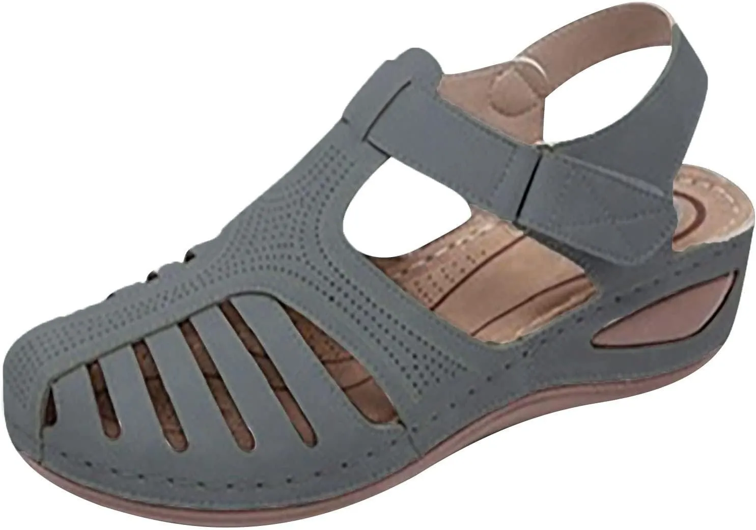 oiangi Wedge Sandals for Women Casual Summer Solid Color Hollow Closed Toe Hook and Loop Sandals Soft Comfortable Lightweight Outdoor Beach Travel Shoes