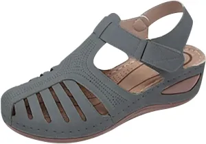 oiangi Wedge Sandals for Women Casual Summer Solid Color Hollow Closed Toe Hook and Loop Sandals Soft Comfortable Lightweight Outdoor Beach Travel Shoes