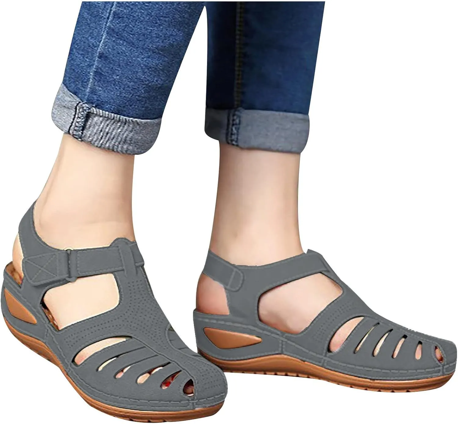 oiangi Wedge Sandals for Women Casual Summer Solid Color Hollow Closed Toe Hook and Loop Sandals Soft Comfortable Lightweight Outdoor Beach Travel Shoes