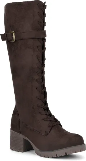 Olivia Miller Women's Fashion Shoes, Faux PU Leather Side Zipper Lug Sole Lace Up Chunky Block Heel Round Toe Casual Classic Knee High Ankle Boots