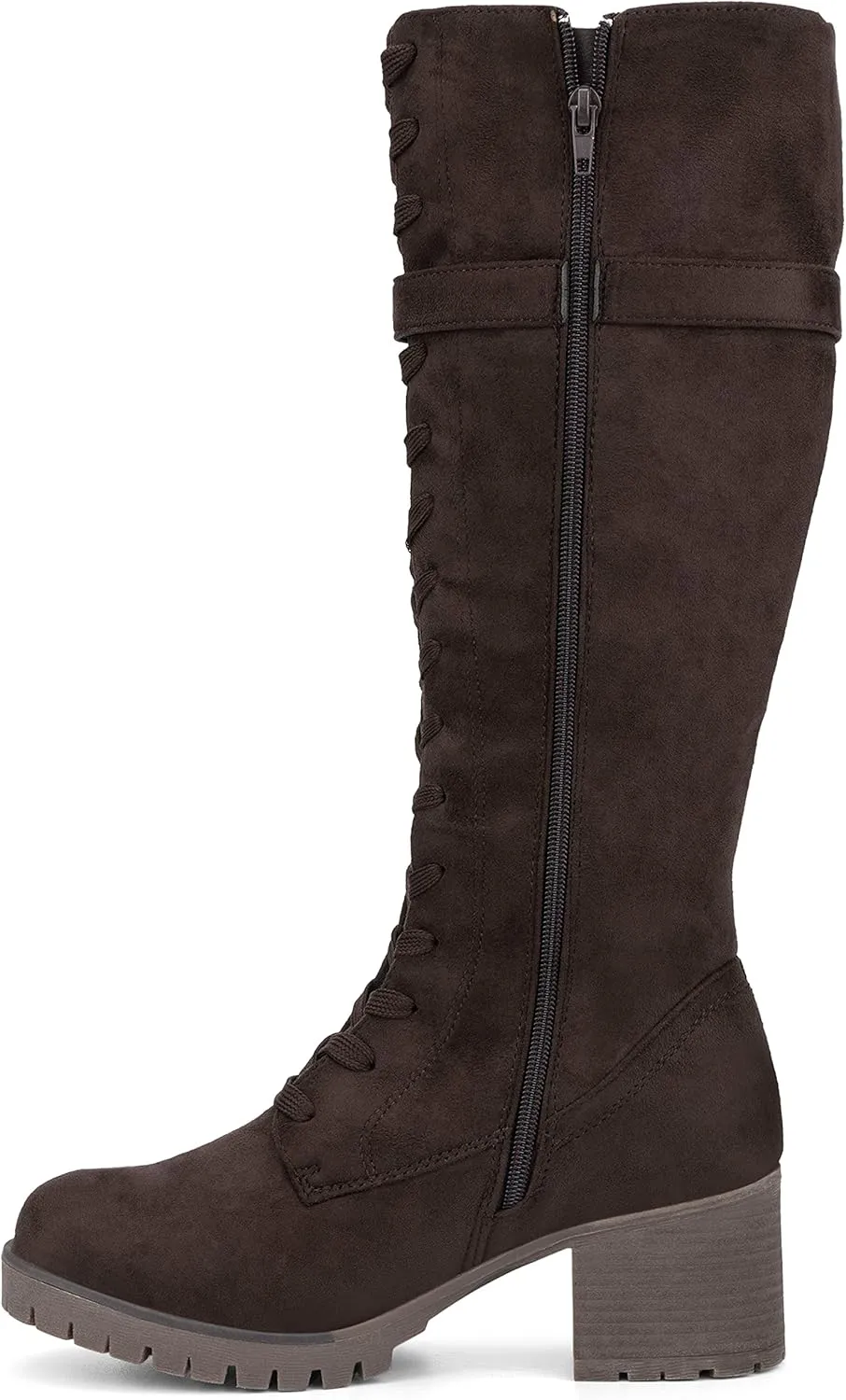 Olivia Miller Women's Fashion Shoes, Faux PU Leather Side Zipper Lug Sole Lace Up Chunky Block Heel Round Toe Casual Classic Knee High Ankle Boots
