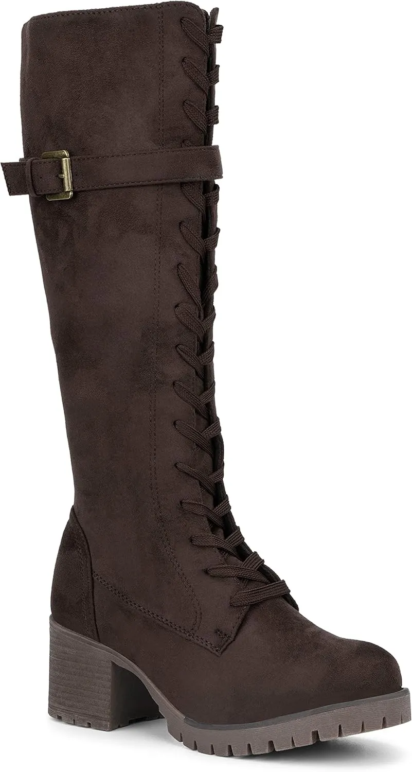 Olivia Miller Women's Fashion Shoes, Faux PU Leather Side Zipper Lug Sole Lace Up Chunky Block Heel Round Toe Casual Classic Knee High Ankle Boots