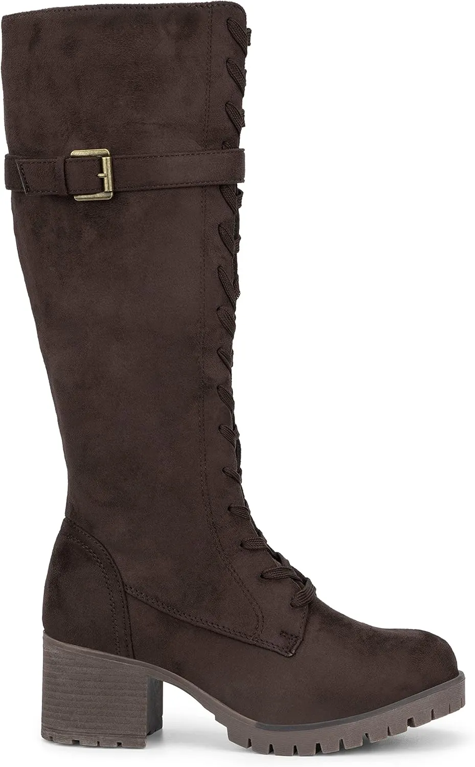 Olivia Miller Women's Fashion Shoes, Faux PU Leather Side Zipper Lug Sole Lace Up Chunky Block Heel Round Toe Casual Classic Knee High Ankle Boots