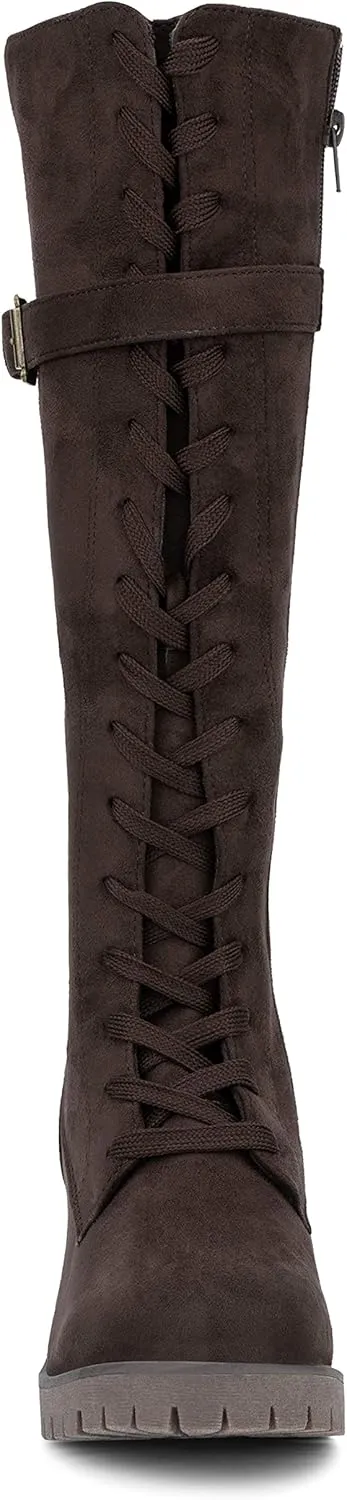 Olivia Miller Women's Fashion Shoes, Faux PU Leather Side Zipper Lug Sole Lace Up Chunky Block Heel Round Toe Casual Classic Knee High Ankle Boots