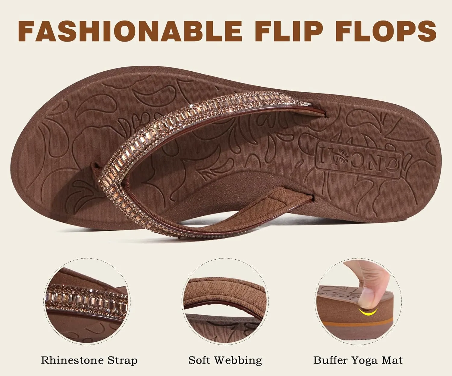 ONCAI Flip Flops for Women, Beach Thong Sandals Womens with Arch Support, Dressy Rhinestone Comfortable Yoga Mat and Non Slip Rubber Soles for Summer US Size 5-11