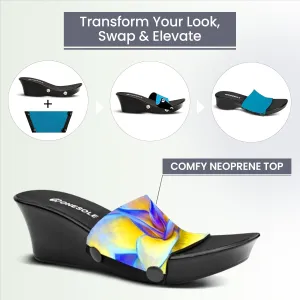 Onesole Black Elegance Blue Agave Travel Kit, 2 Inch Wedge Lightweight Women's Sandals, Interchangeable Blue Agave Leaves & Solid Turquoise Tops, Size 5