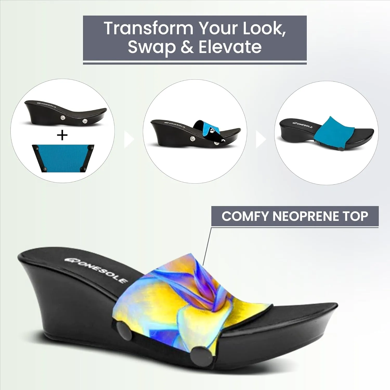 Onesole Black Elegance Blue Agave Travel Kit, 2 Inch Wedge Lightweight Women's Sandals, Interchangeable Blue Agave Leaves & Solid Turquoise Tops, Size 5