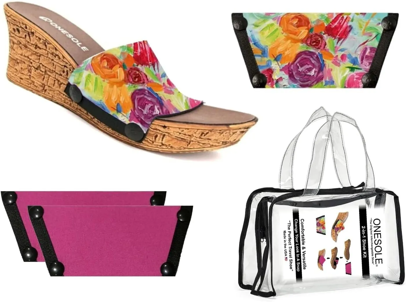 Onesole Elegance Cafe Soft Step (2 inch) lightweight wedge Sandals with Mocha Sparkle Crystal Top, a Solid Dark Khaki Top & Travel bag, Stainless steel snaps to attach interchangeable shoe tops