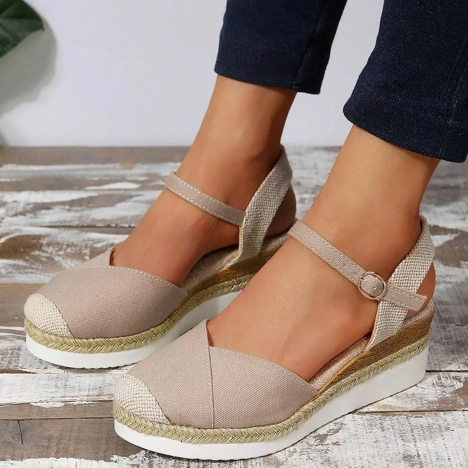Orthopedic Platform Wedge Sandals for Women Summer Dressy,Arch Support Closed Toe Buckle Ankle Strap Espadrilles Wedge Comfortable Outdoor Shoes Strappy Slip on Sandals Beach Boho Shoes