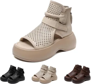 Orthopedic Sandals, Soft Sole Leather Orthopedic Shoes for Women, Walking Wedges Platform Sandal Arch Support Soft Sole Wide Width Adjustable Fish mouth hollow boots