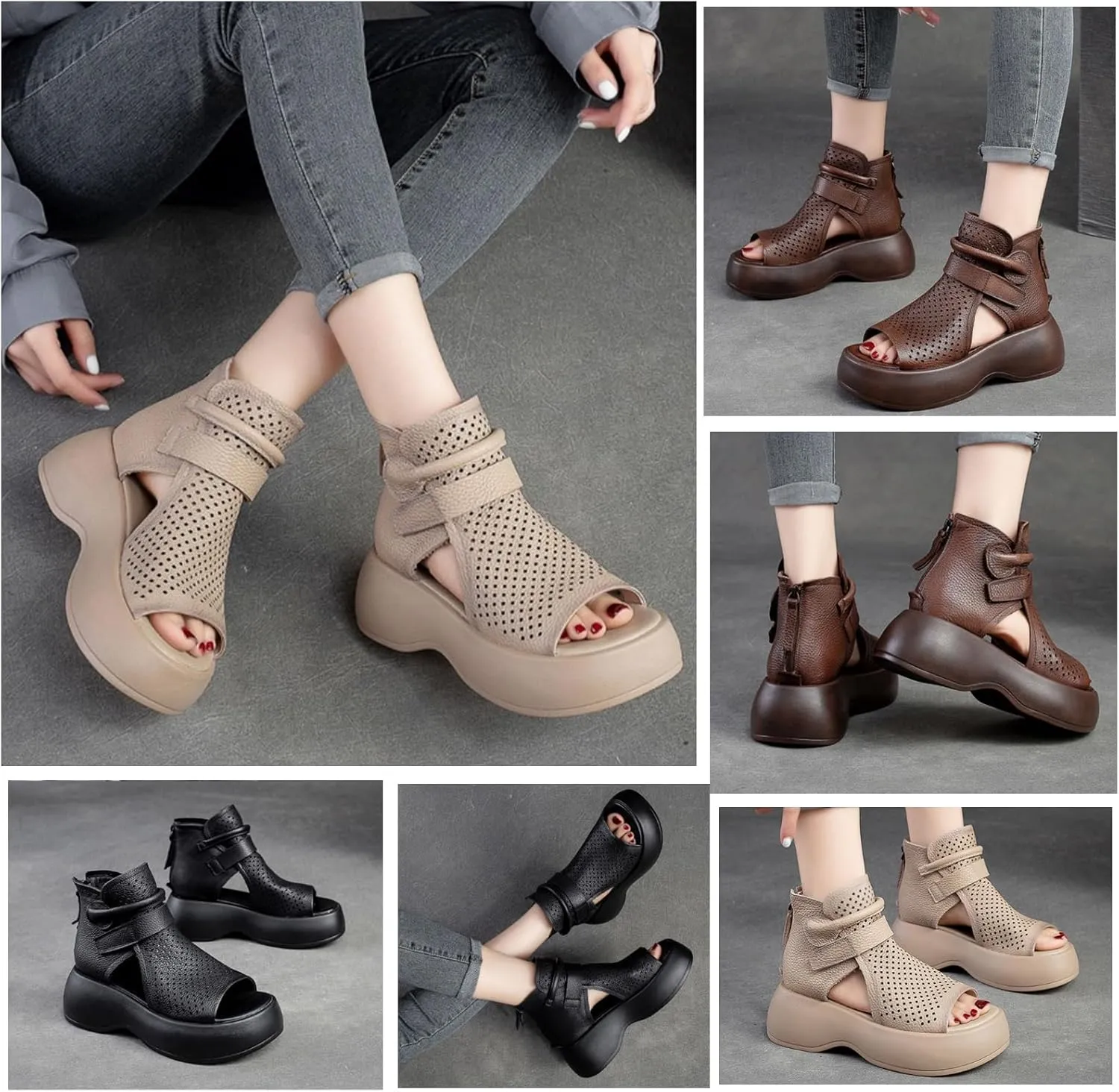 Orthopedic Sandals, Soft Sole Leather Orthopedic Shoes for Women, Walking Wedges Platform Sandal Arch Support Soft Sole Wide Width Adjustable Fish mouth hollow boots