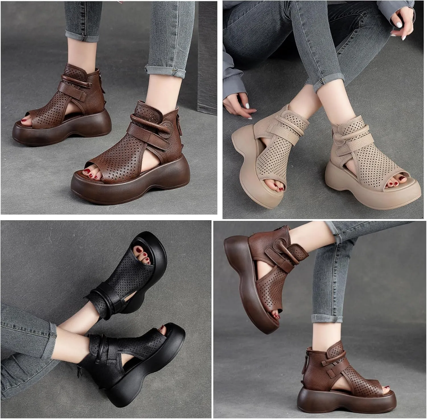 Orthopedic Sandals, Soft Sole Leather Orthopedic Shoes for Women, Walking Wedges Platform Sandal Arch Support Soft Sole Wide Width Adjustable Fish mouth hollow boots