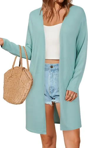 OUGES Women's Open Front Cardigan Shirt with Pockets Long Sleeve Lightweight Coat