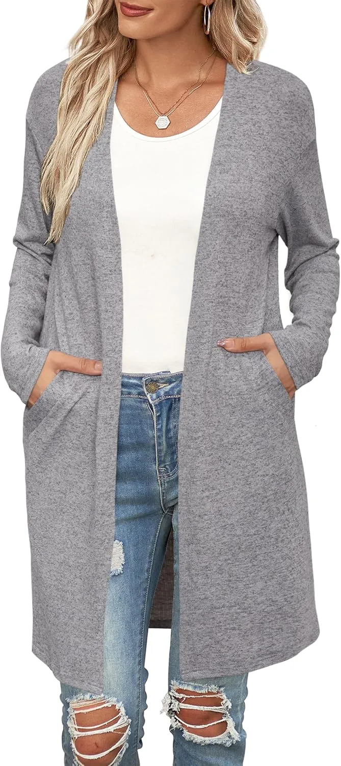 OUGES Women's Open Front Cardigan Shirt with Pockets Long Sleeve Lightweight Coat