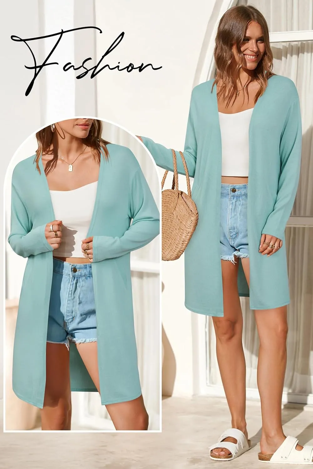 OUGES Women's Open Front Cardigan Shirt with Pockets Long Sleeve Lightweight Coat