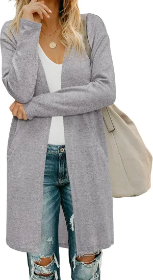 OUGES Women's Open Front Cardigan Shirt with Pockets Long Sleeve Lightweight Coat