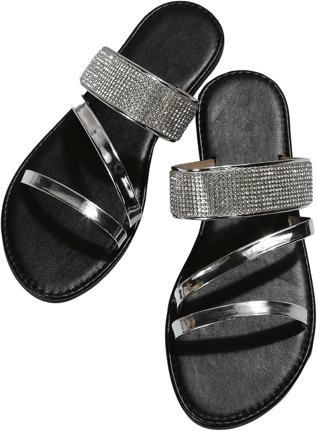 OYOANGLE Women's Rhinestone Decor Flat Sandals Open Toe Slip on Slides Fashionable Casual Dressy Multi Strap Sandals