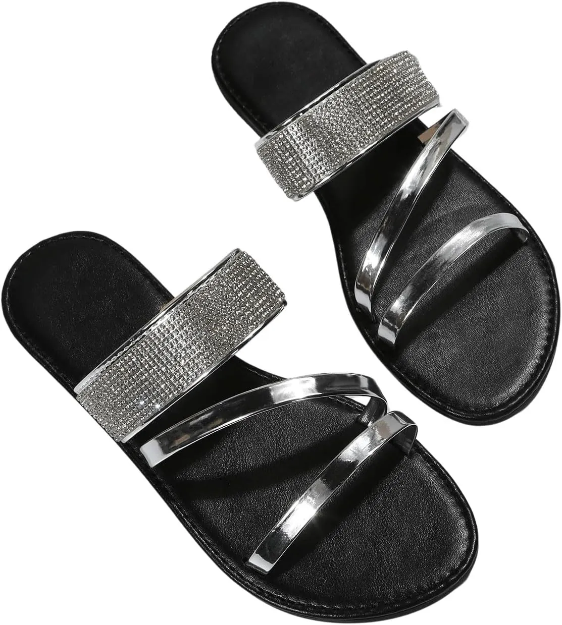 OYOANGLE Women's Rhinestone Decor Flat Sandals Open Toe Slip on Slides Fashionable Casual Dressy Multi Strap Sandals
