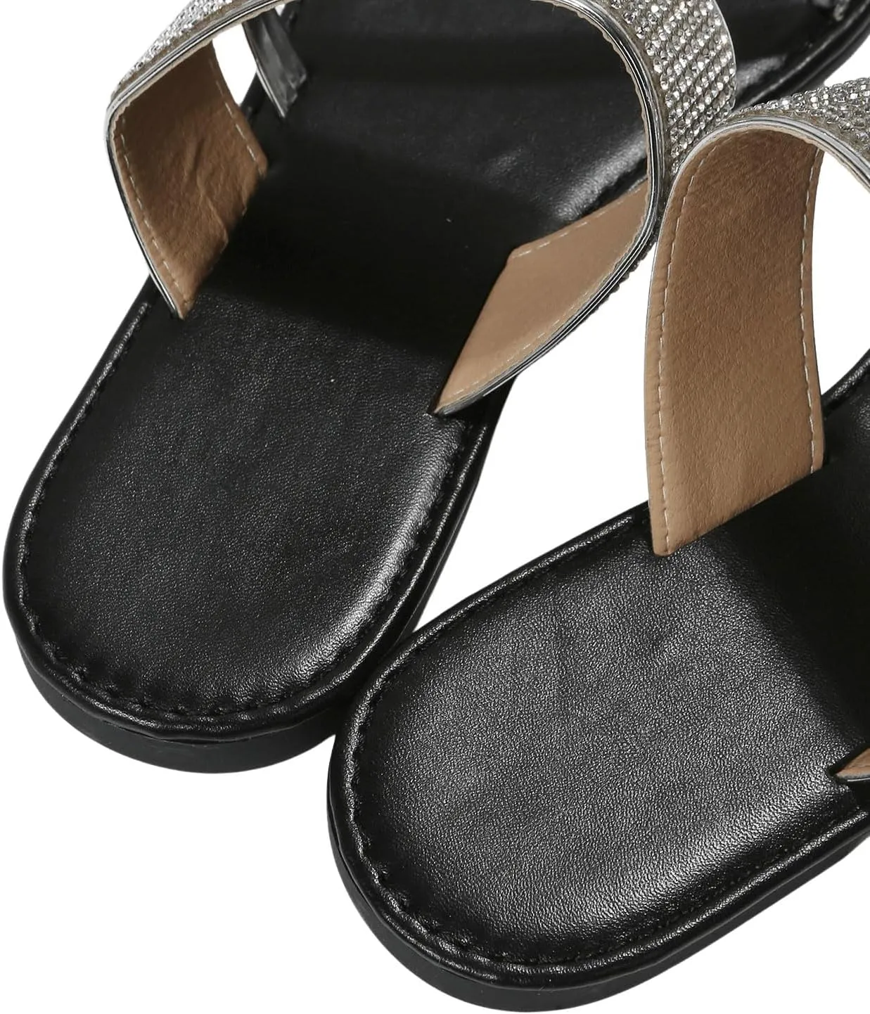OYOANGLE Women's Rhinestone Decor Flat Sandals Open Toe Slip on Slides Fashionable Casual Dressy Multi Strap Sandals
