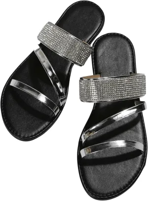 OYOANGLE Women's Rhinestone Decor Flat Sandals Open Toe Slip on Slides Fashionable Casual Dressy Multi Strap Sandals