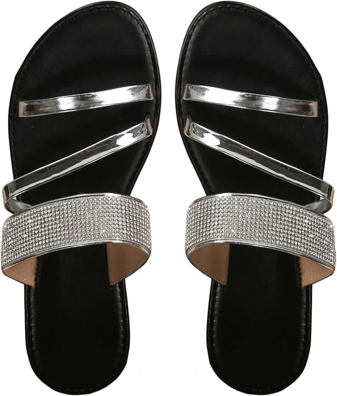 OYOANGLE Women's Rhinestone Decor Flat Sandals Open Toe Slip on Slides Fashionable Casual Dressy Multi Strap Sandals