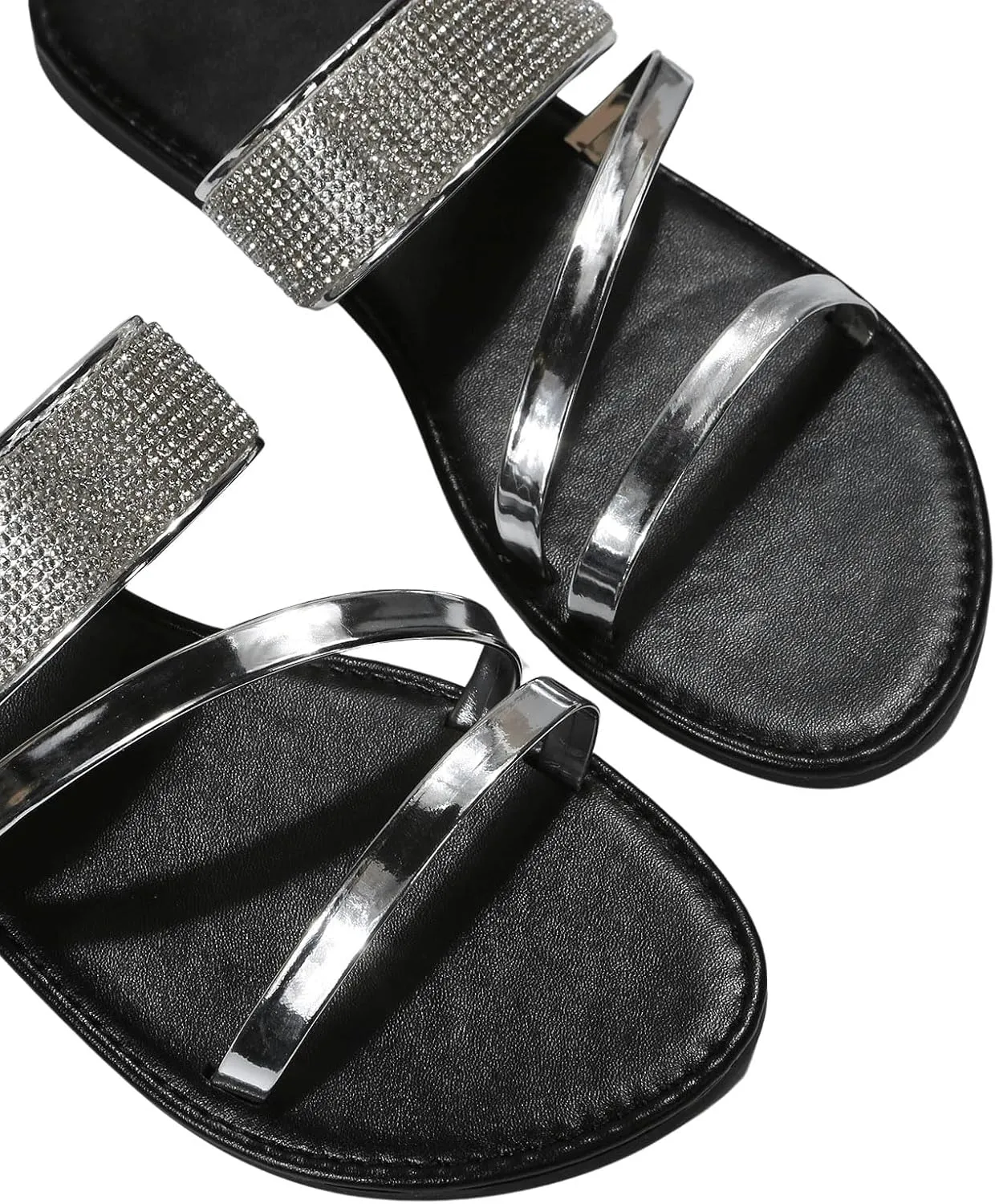 OYOANGLE Women's Rhinestone Decor Flat Sandals Open Toe Slip on Slides Fashionable Casual Dressy Multi Strap Sandals