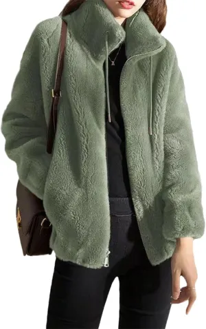 Padded Coat Stand-collar Double-faced Fleece Jacket，Winter Fashion Solid Open Front Faux Fur Coat，Warm and cozy