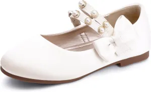 PANDANINJIA Toddler Girls Dress Shoes Pearls Bow Ballet Flats Flower Girl Shoes for Wedding Party School Communion Shoes