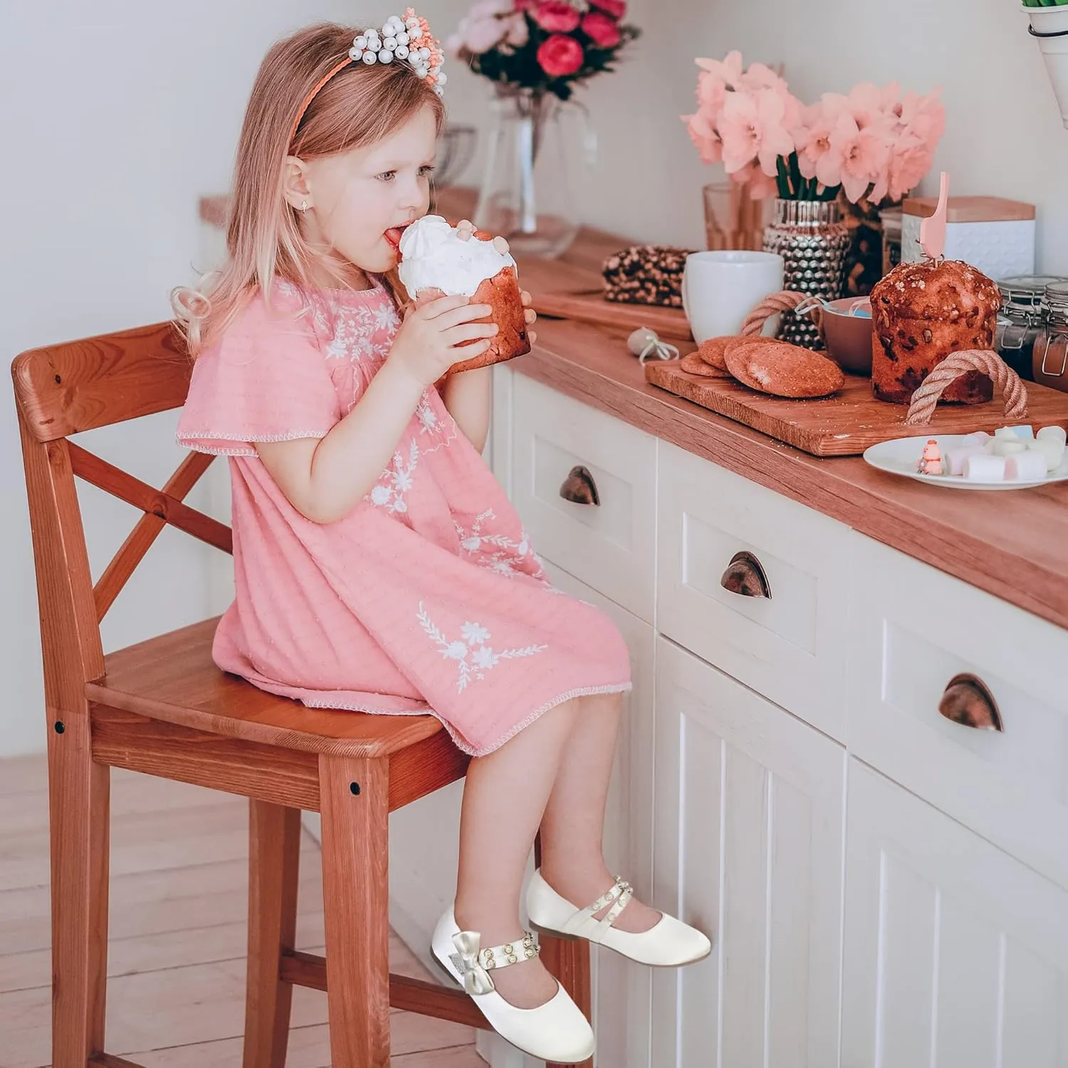PANDANINJIA Toddler Girls Dress Shoes Pearls Bow Ballet Flats Flower Girl Shoes for Wedding Party School Communion Shoes