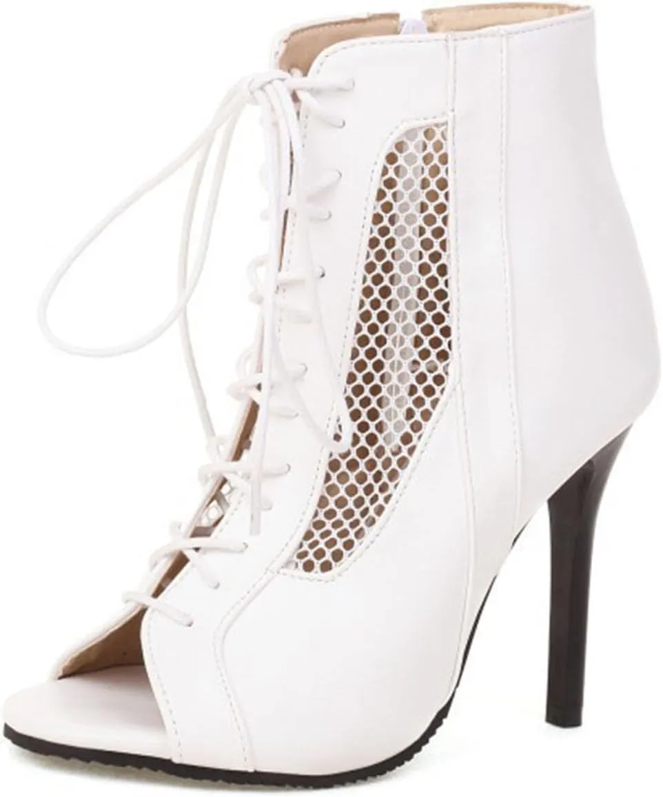 Peep Toe Heels for Women Sexy Stiletto High Heels Summer Open Toe Lace Up Mesh Sandals Booties
