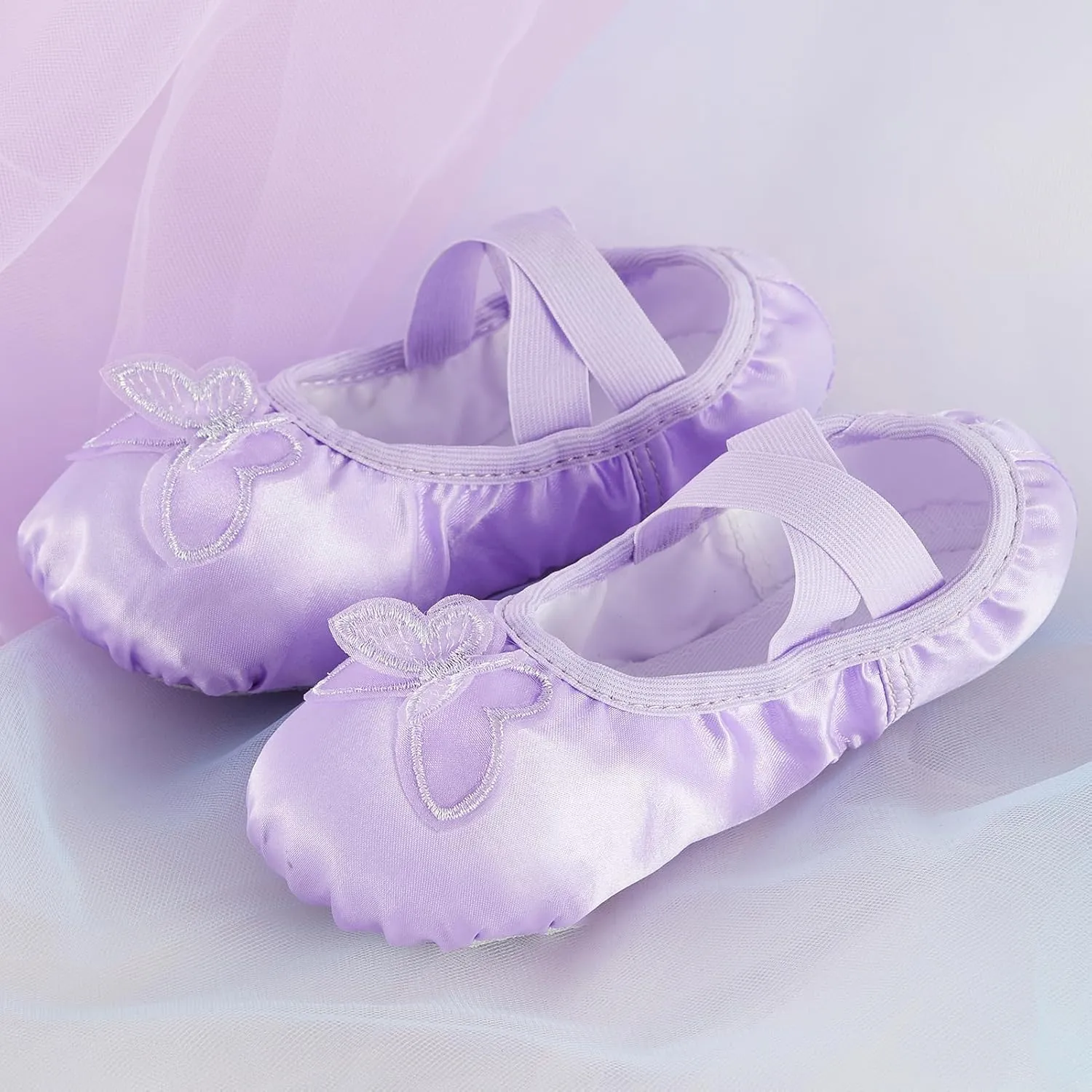 Phineein Enchanting Butterfly Ballet Shoes for Girls Ballerina Flats for Kids Dance - Soft Satin, Split Sole