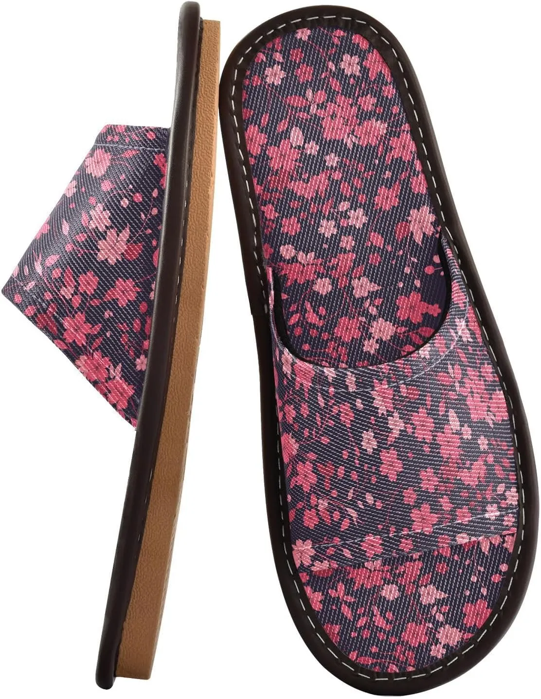 Pink Cherry Blossom Dark Womens Shower House Slippers Reusable Slides Sandals for Home Bedroom Outdoor