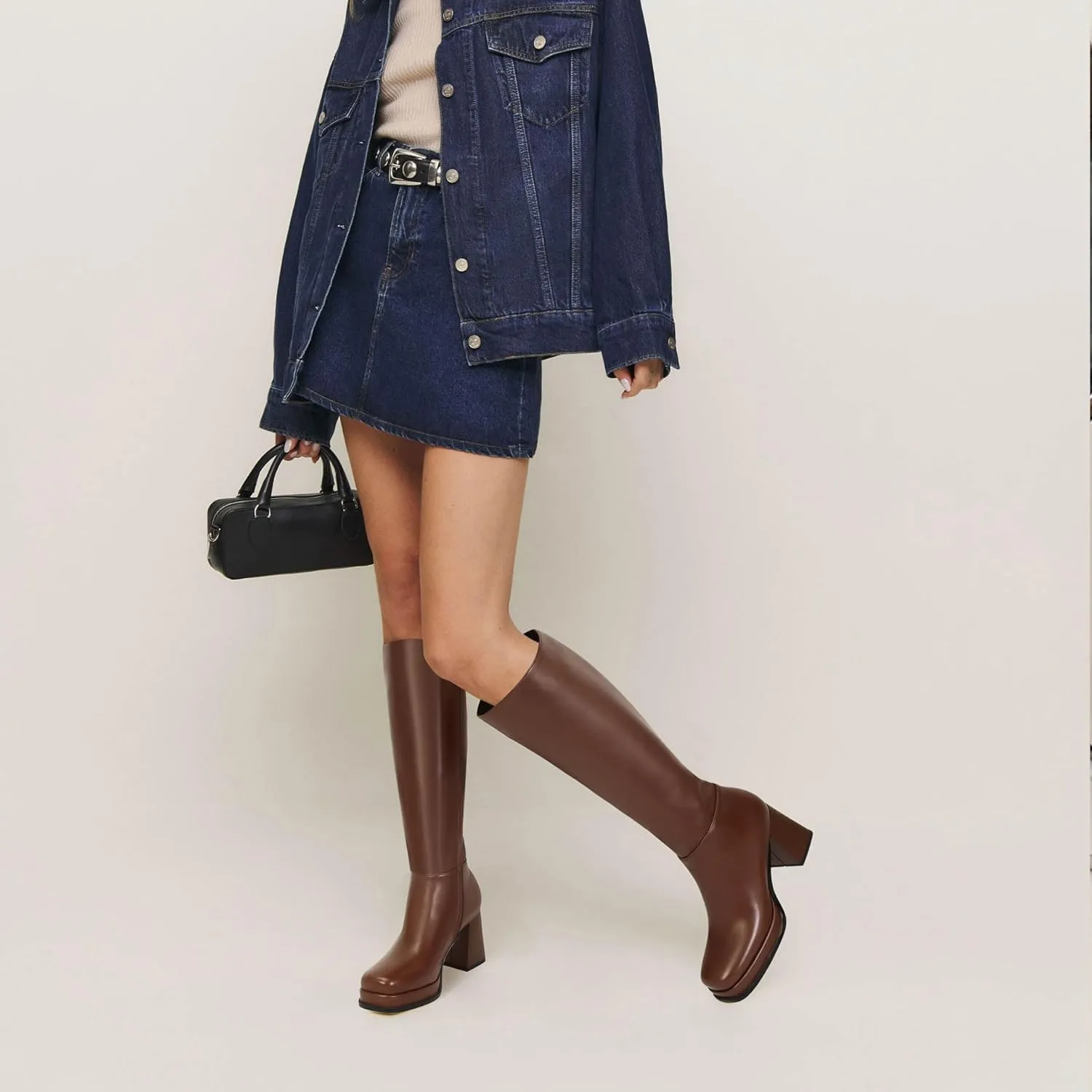 Platform Knee High Boots for Women Leather Square Toe Knee High Boots Chunky Heel Gogo Boots Side Zipper Tall Boots