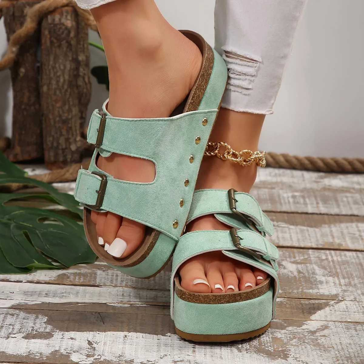 Platform Sandals Women Chunky Y2K, Women's Suede Slip On Flatform Slippers Comfortable with Cork Footbed Studded Flatform Sandals Adjustable Buckle Straps Flat Clogs Open Toe Slide Sandal