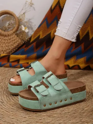 Platform Sandals Women Chunky Y2K, Women's Suede Slip On Flatform Slippers Comfortable with Cork Footbed Studded Flatform Sandals Adjustable Buckle Straps Flat Clogs Open Toe Slide Sandal
