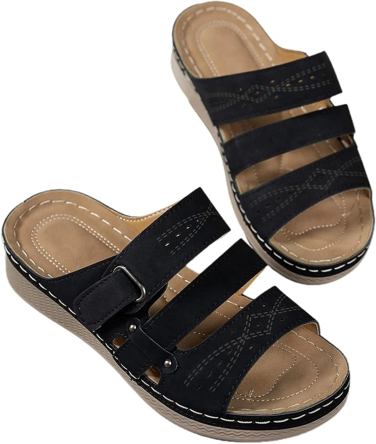Platform Sandals Women Dressy Wide Wedge Sandals With Arch Support Comfortable Beach Slip-On Flat Casual Slides