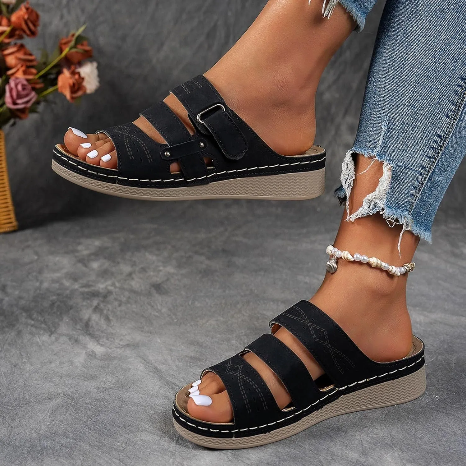 Platform Sandals Women Dressy Wide Wedge Sandals With Arch Support Comfortable Beach Slip-On Flat Casual Slides