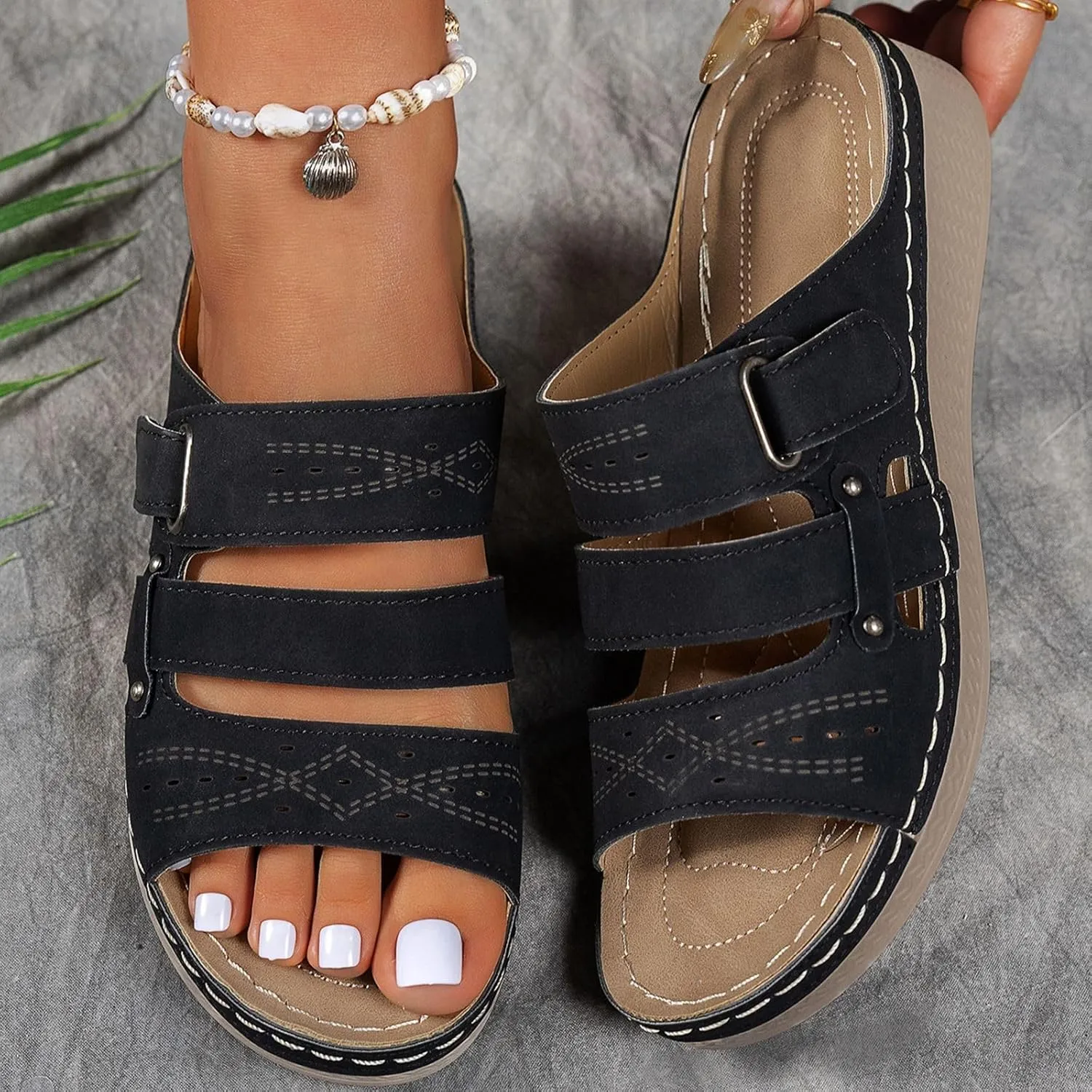 Platform Sandals Women Dressy Wide Wedge Sandals With Arch Support Comfortable Beach Slip-On Flat Casual Slides