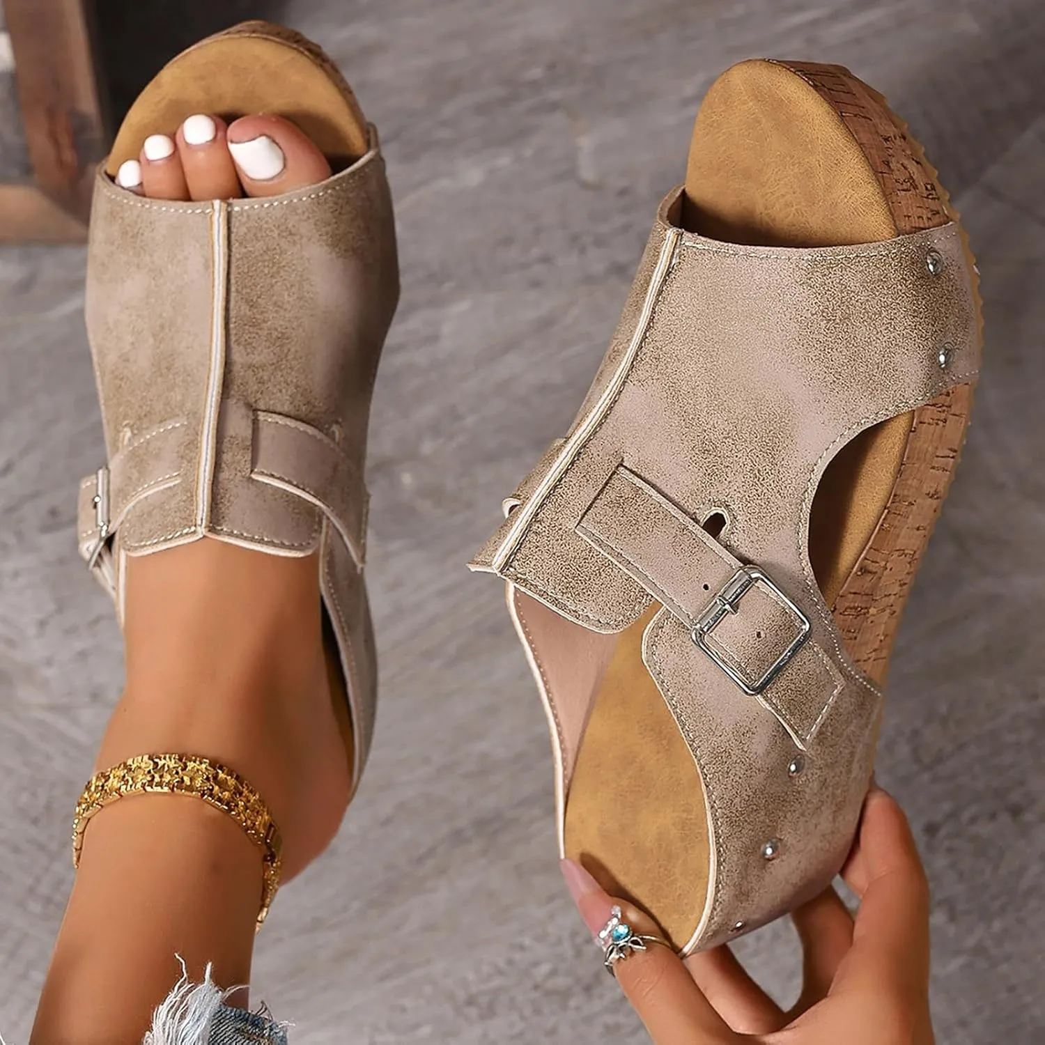 Platform Sandals Women Open Toe Cushioned Insole Arch Support Slip On Retro Wedge Sandals for Women 2025 Platform