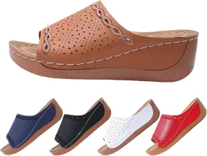 Platform Sandals Women Summer Orthopedic Arch Support Flat Slip on Wide Width Leather Wedge Sandals Damping Sole Upgradation Stretch Lightweight Heels Sandals Diabetic Walking Shoes