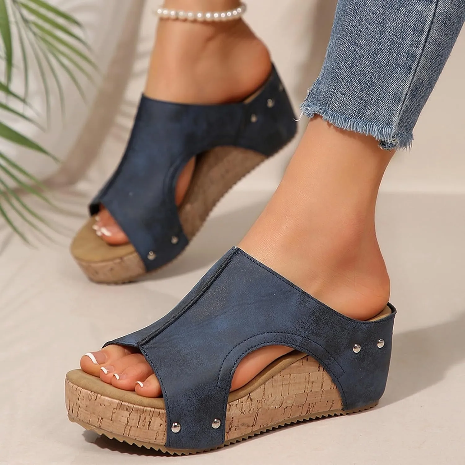 Platform Sandals Women Thick Sole Cork Wedge Sandals Comfy Wide Width Non-Slip Open Toe Summer Beach Slides Sandals