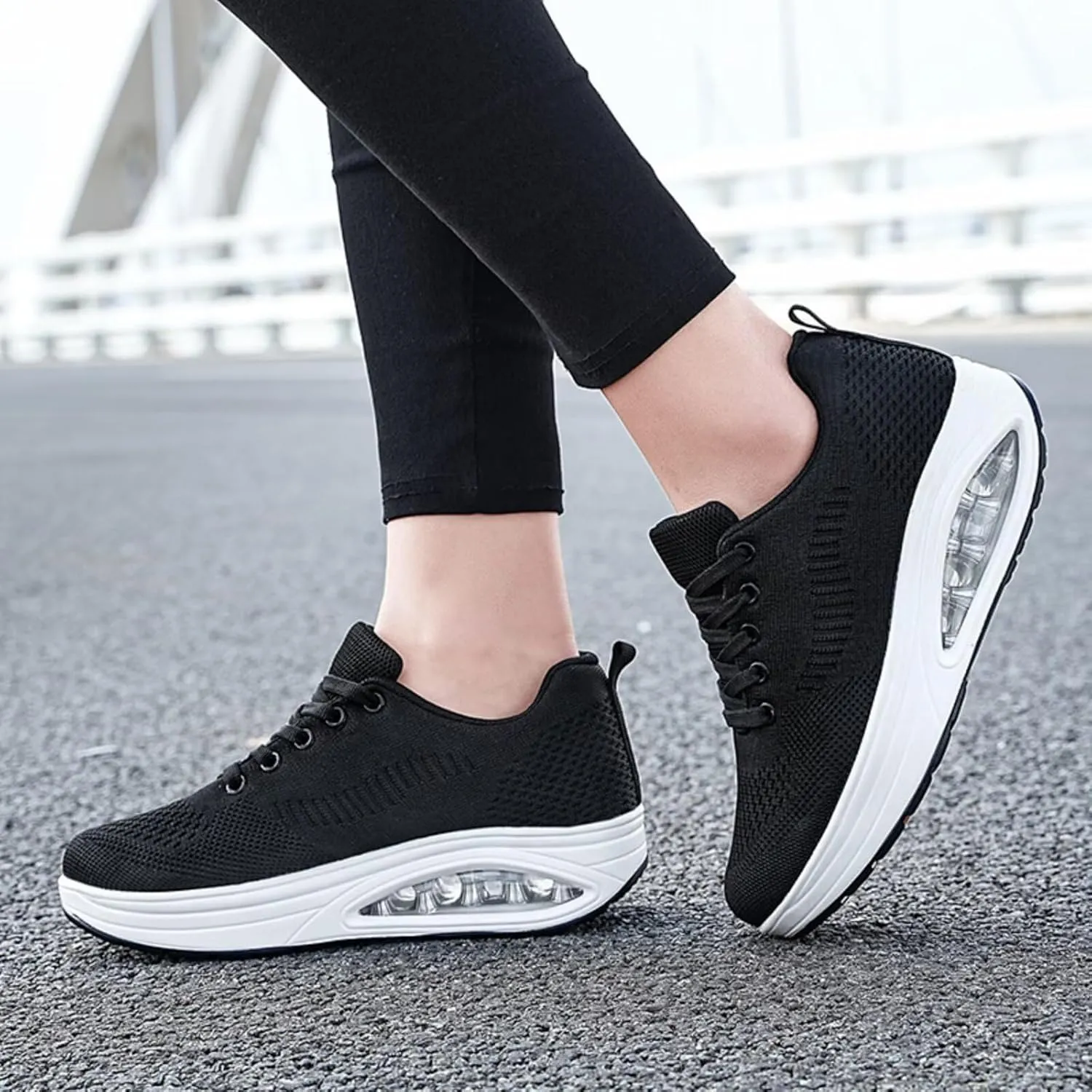 Platform Sneakers for Women Walking Shoes Comfortable All Day Standing Wedge Rocker Bottom 2 inch Thick Air Cushion