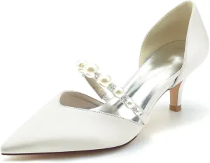 Pointed Toe Pearl Satin Wedding Shoes for Bride Low Heel Bridal Shoes for Women Satin Heels Prom Party Shoes 6869-17