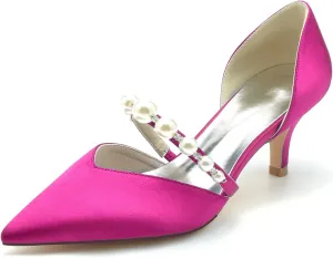 Pointed Toe Pearl Satin Wedding Shoes for Bride Low Heel Bridal Shoes for Women Satin Heels Prom Party Shoes 6869-17